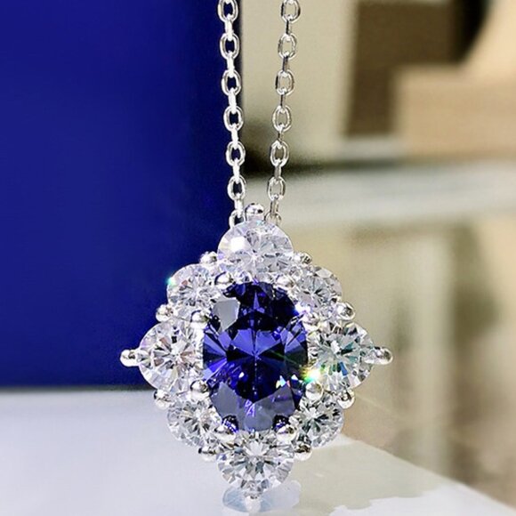 Shinny Blue Stone Jewelry Sliver Coating CZ Necklace for Women, HA4553 - Picture 1 of 5